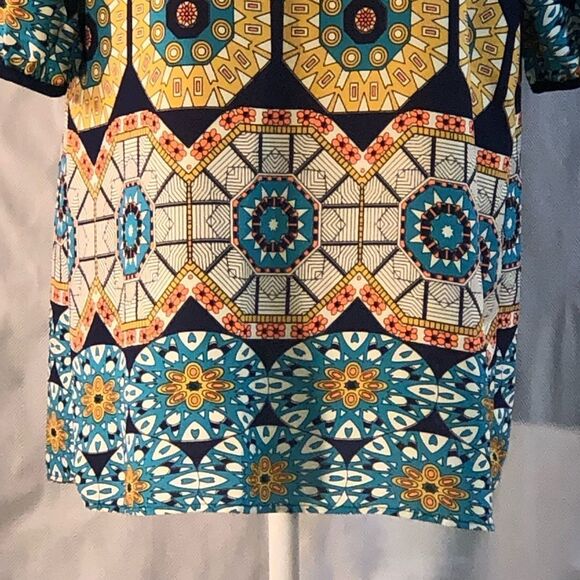 Millibon Navy Teal Gold Geometric Lightweight Scoop Back Sheath Dress M - Picture 4 of 9